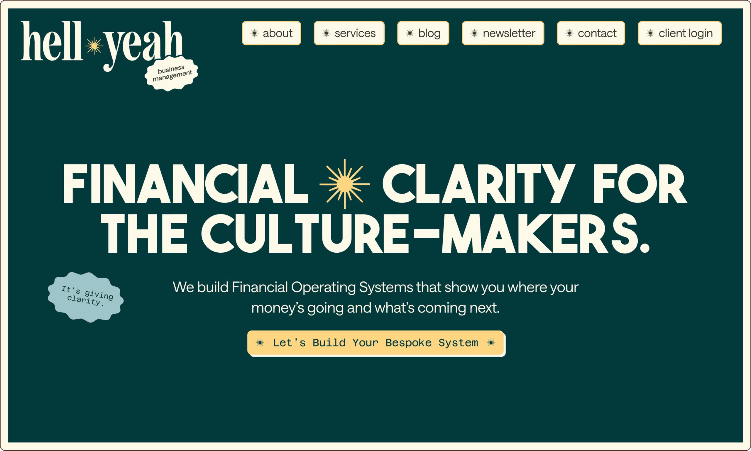 Website homepage with bold text saying "Financial Clarity for the Culture-Makers" and buttons for services, blog, newsletter, contact, and client login. | Wonderly