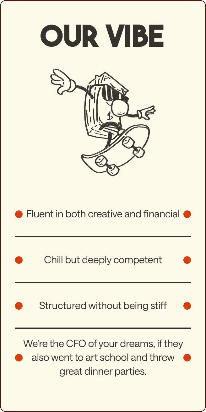 Illustration of a money stack wearing sunglasses and skateboarding, with text describing a company vibe as creative, chill yet competent, structured, and likened to a dream CFO. | Wonderly