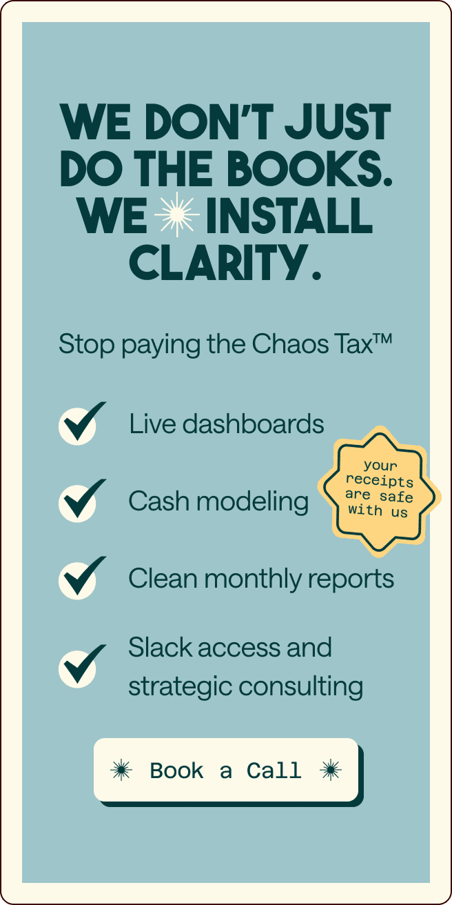 A promotional graphic for a financial service highlighting dashboards, cash modeling, monthly reports, Slack access, and a "Book a Call" button. | Wonderly