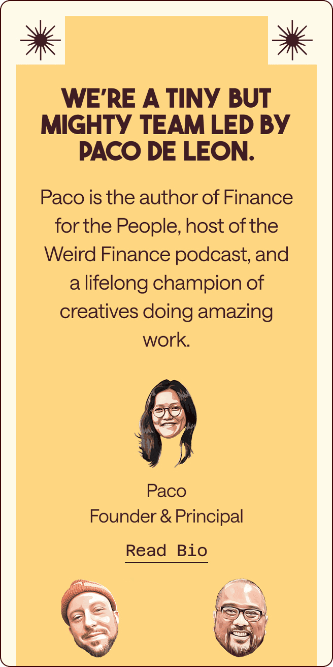Yellow graphic introducing Paco De Leon, founder and principal, with headshots of Paco and two team members, and a brief description of Paco's work and podcast. | Wonderly