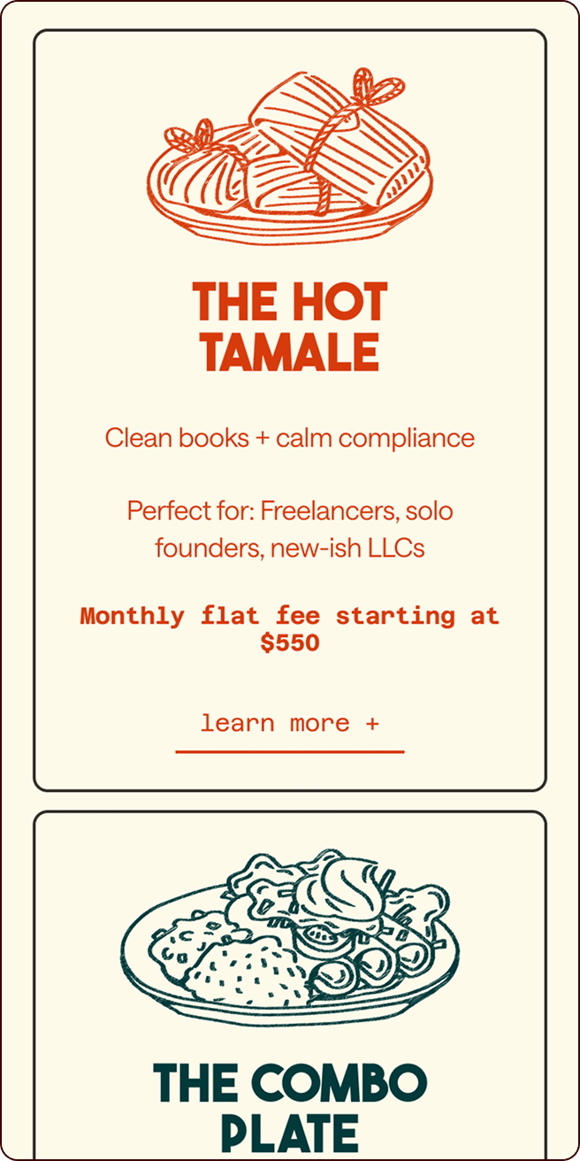 A flyer advertises two bookkeeping services: "The Hot Tamale" with a $550 monthly flat fee, and "The Combo Plate." Each section has food illustrations. | Wonderly