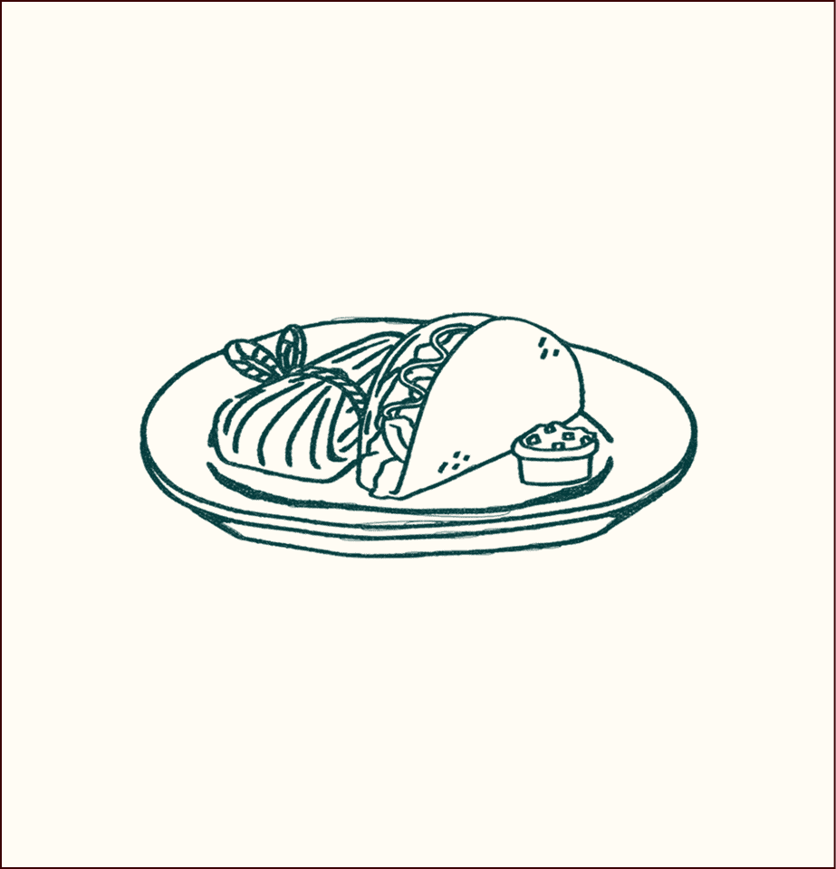 Line drawing of a plate with a taco, a dumpling, and a small round dipping sauce container. | Wonderly