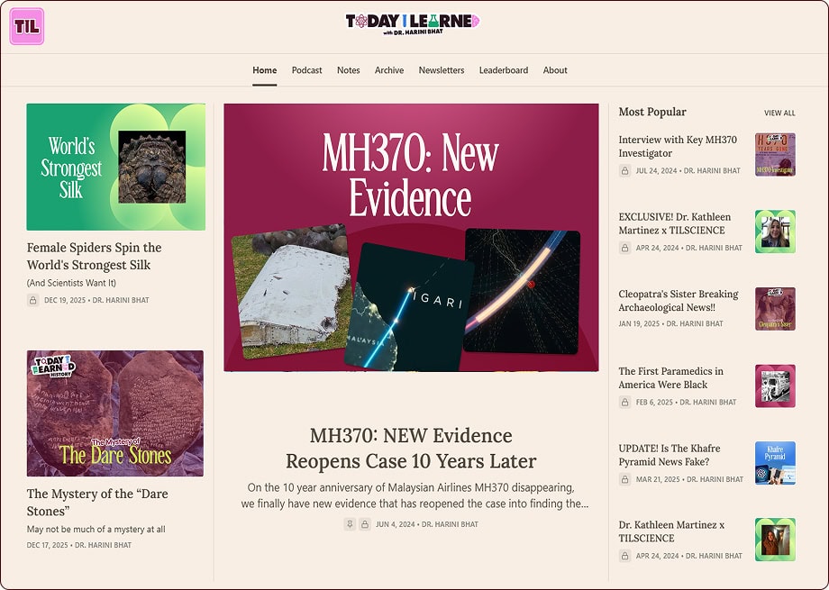 A news website homepage highlights an article on MH370 new evidence, alongside articles about strong spider silk, "Dare Stones," and a list of most popular stories. | Wonderly