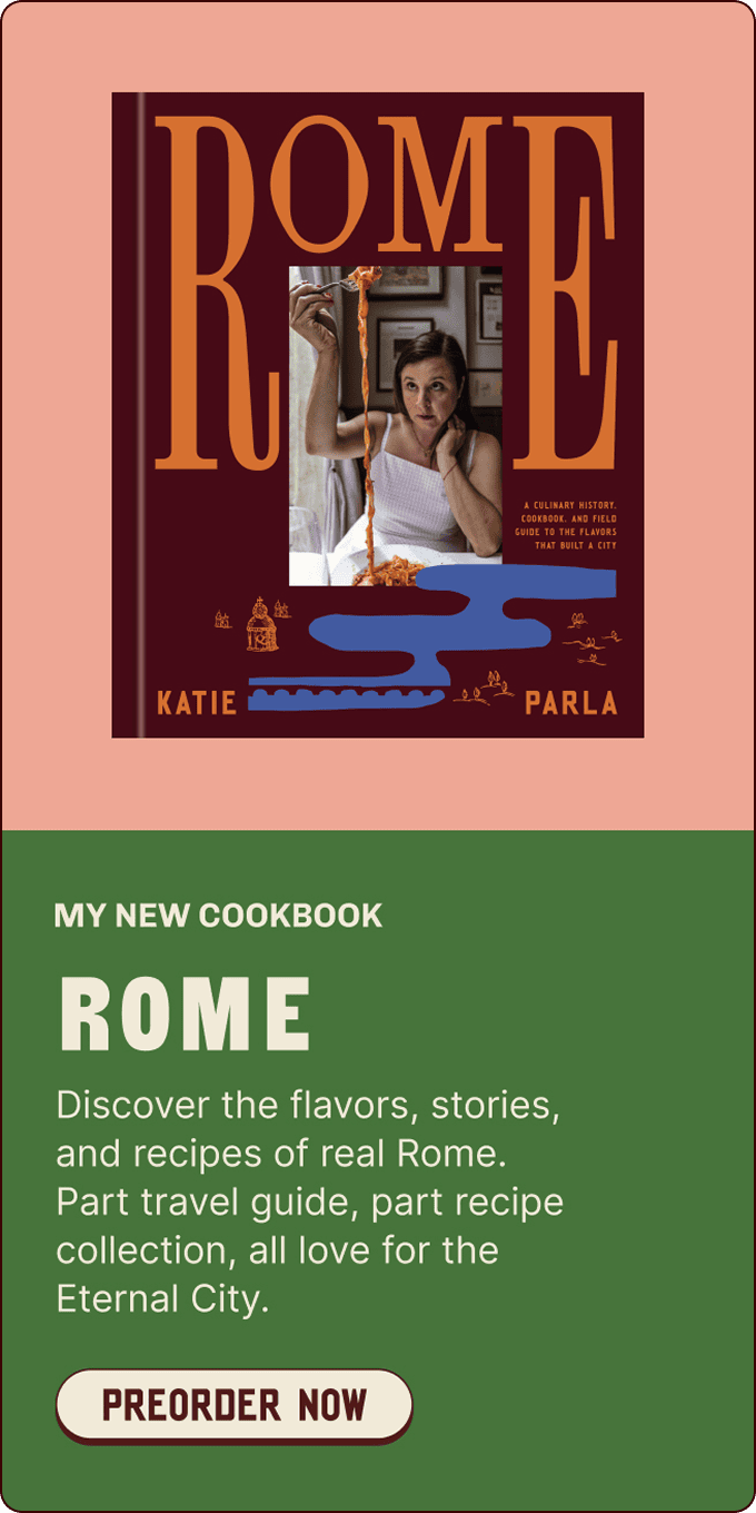 Promotional image for the cookbook "Rome" by Katie Parla, featuring the cover and text inviting preorders and describing the book as a guide to Rome’s flavors, stories, and recipes. | Wonderly