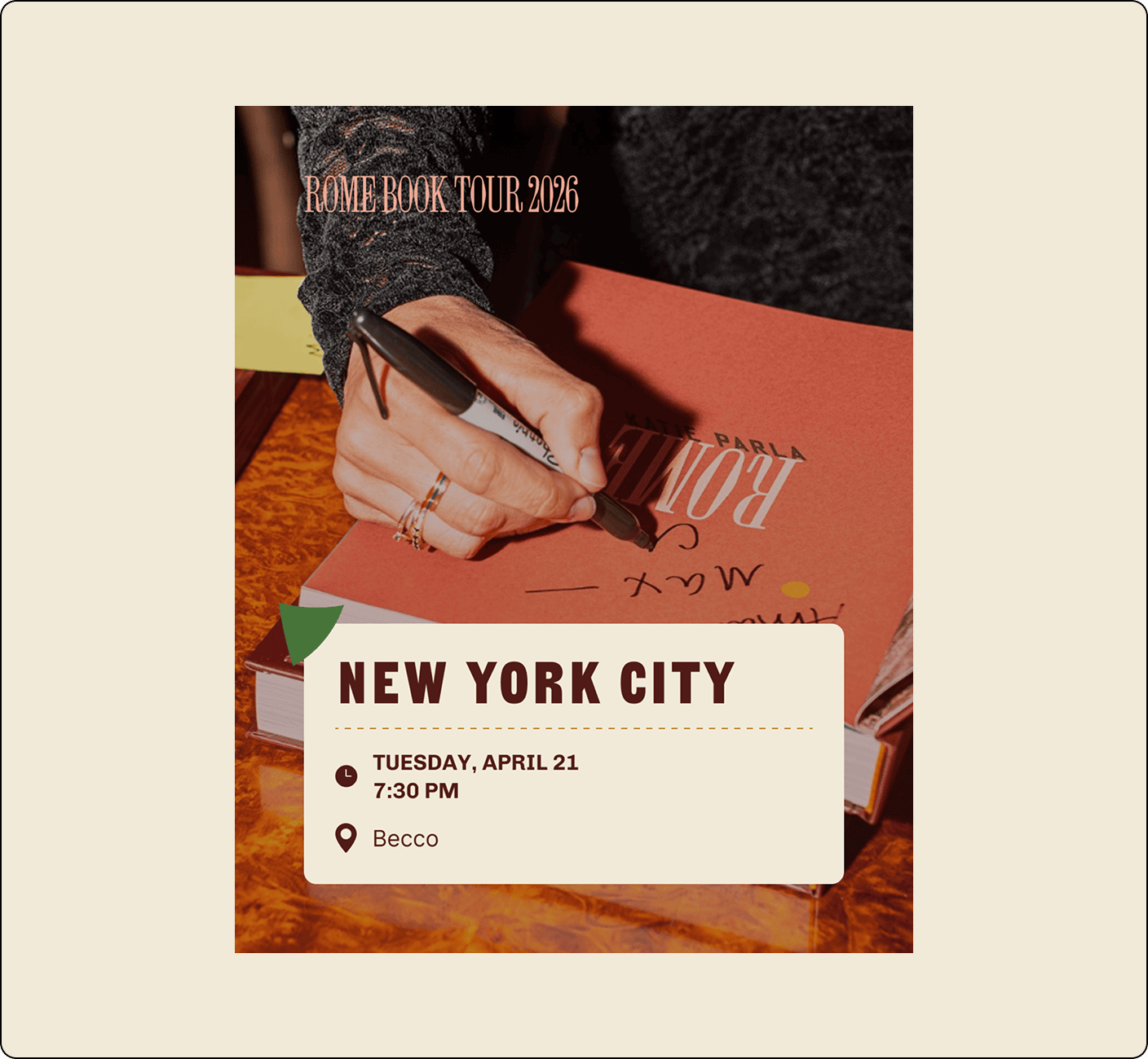 A person signs a book with a marker; text overlay announces a Rome Book Tour 2026 event in New York City on Tuesday, April 21, at 7:30 PM at Becco. | Wonderly