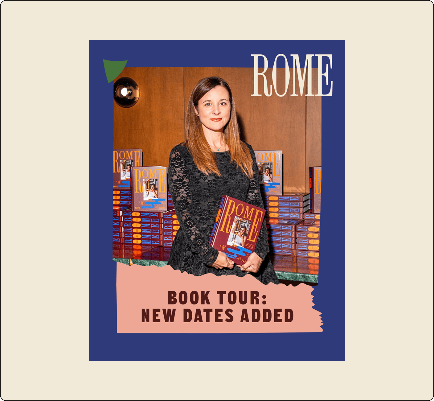 A woman in a black dress stands holding a book titled "ROME" in front of a table stacked with copies. Text reads: "Book Tour: New Dates Added. | Wonderly