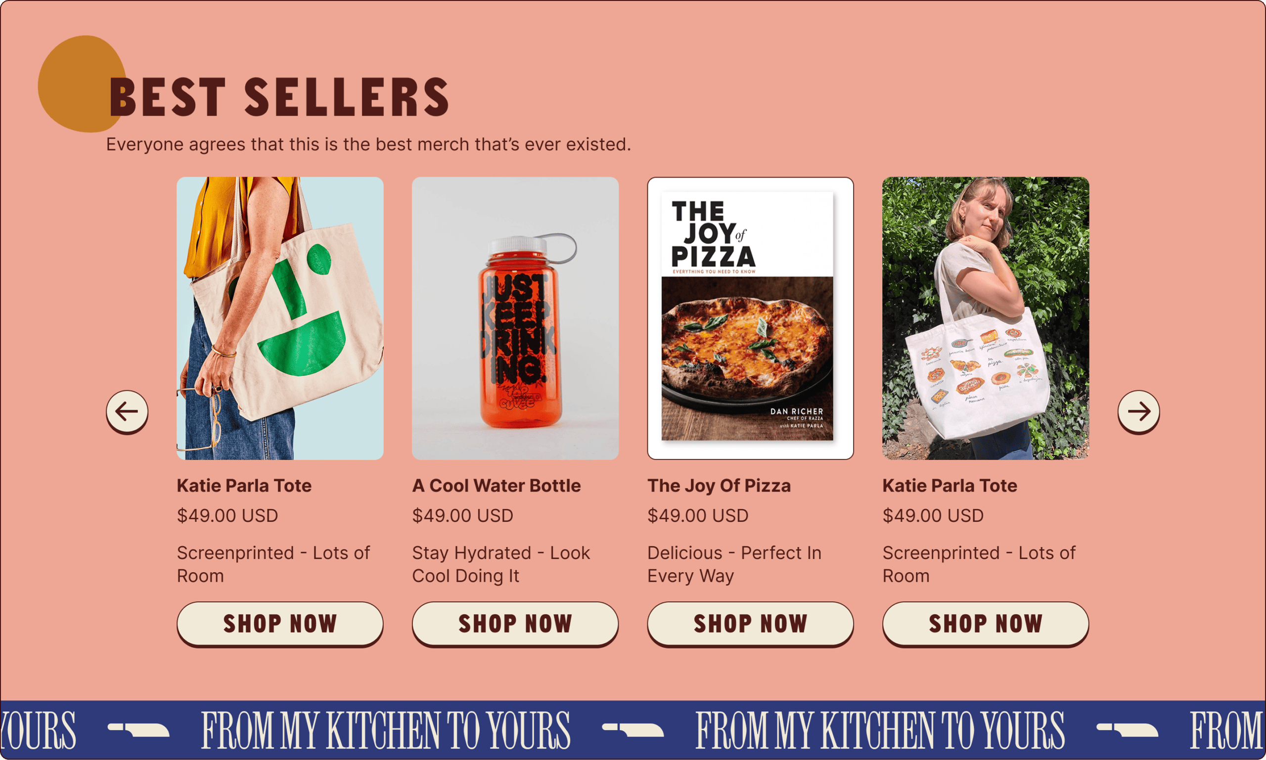 A product display highlights best sellers: two tote bags with graphic designs, an orange water bottle, and a pizza cookbook, each with price, description, and "Shop Now" buttons. | Wonderly