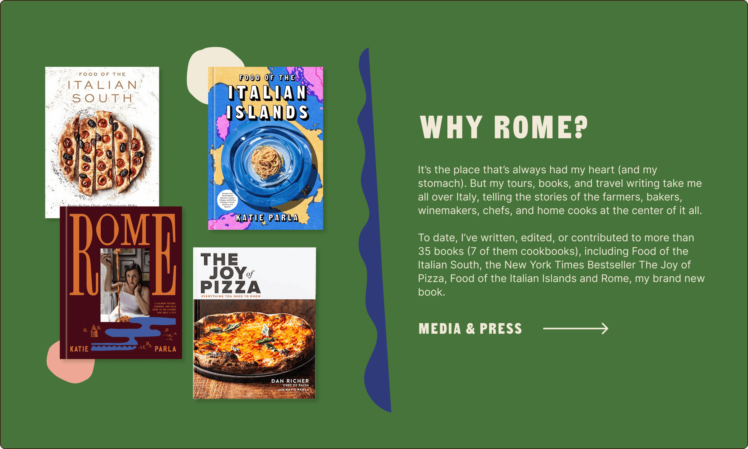 Four cookbook covers are displayed on a green background next to a text box explaining the author's connection to Italy and her published works about Italian cuisine. | Wonderly