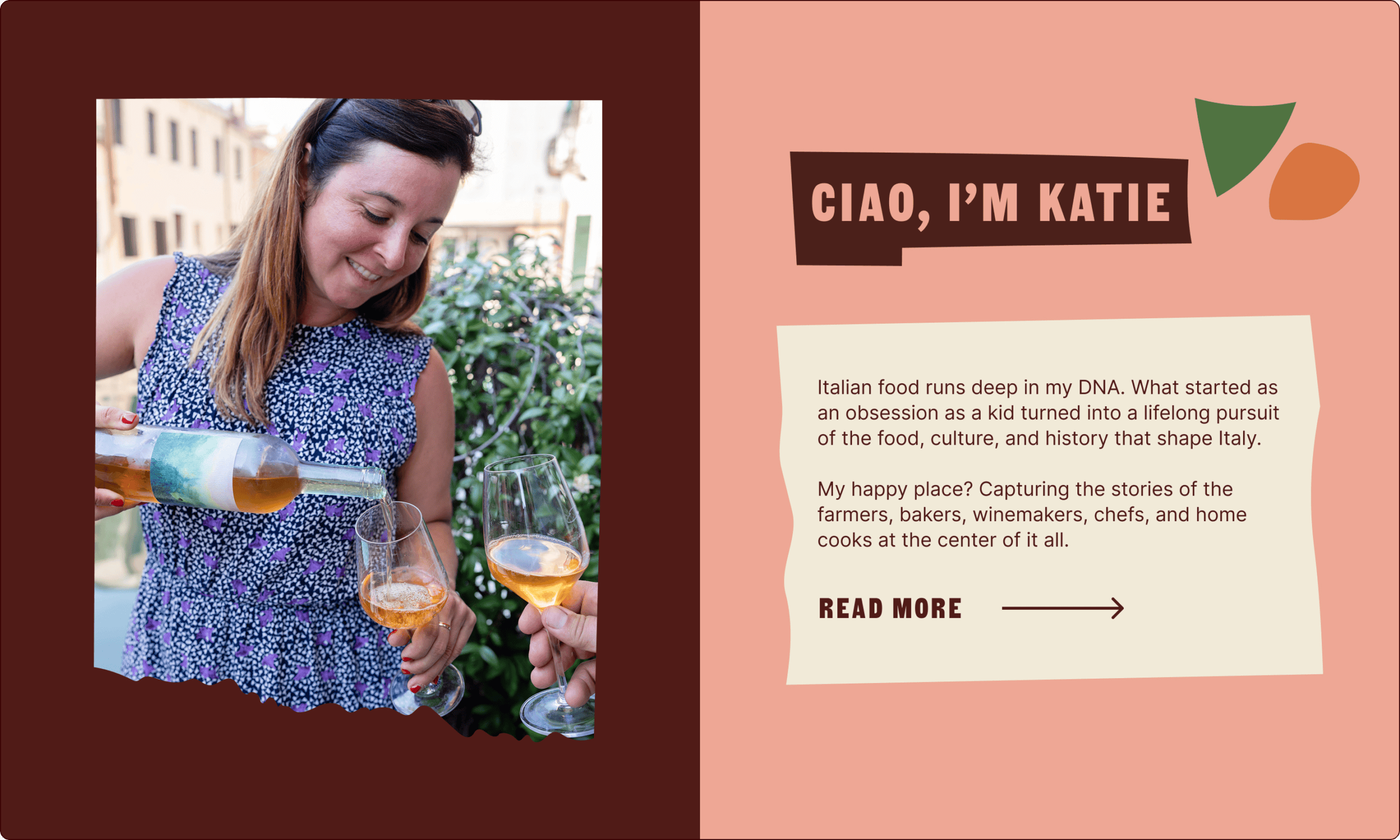 A woman pours rosé wine into a glass outdoors. Next to her, text introduces Katie, who is passionate about Italian food and storytelling. | Wonderly