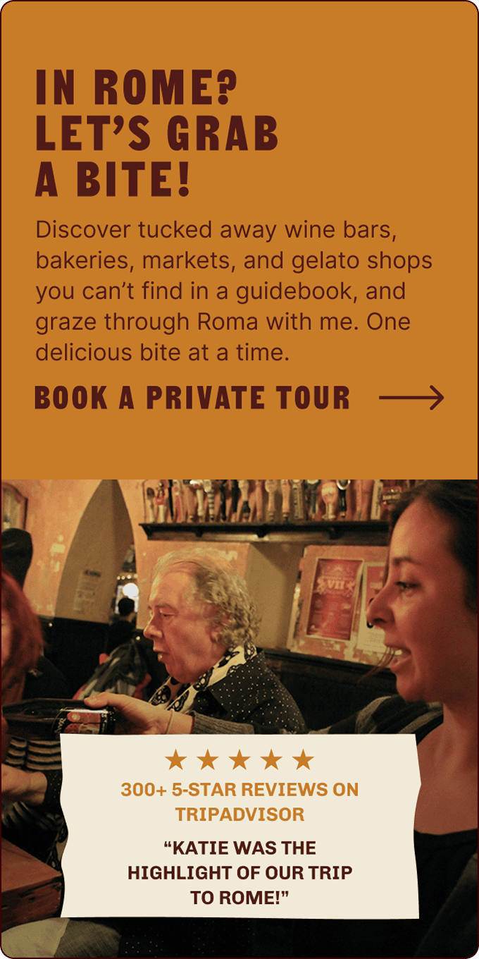 A woman leads a group on a food tour in a cozy, dimly lit restaurant in Rome; text promotes private tours and features a positive review. | Wonderly
