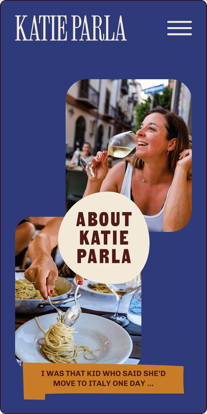 A woman sits outdoors, smiling and holding a glass of white wine, with plates of pasta on the table; text reads "About Katie Parla" and "I was that kid who said she'd move to Italy one day... | Wonderly