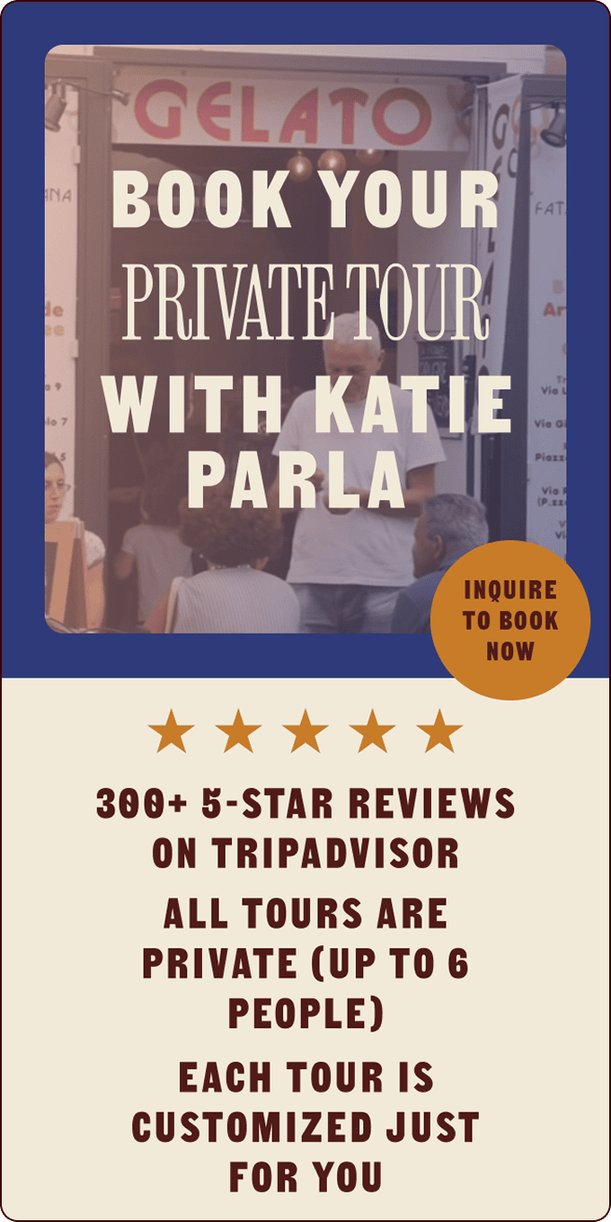 Sign advertising private tours with Katie Parla, featuring 5-star Tripadvisor reviews, private tours for up to 6 people, and customizable experiences. Includes an "Inquire to Book Now" button. | Wonderly