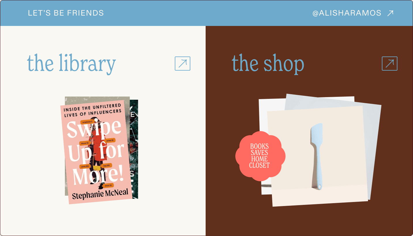 Split screen with "the library" on the left showing a book titled "Swipe Up for More!" and "the shop" on the right with a stack of papers and a tag reading "BOOKS SAVES HOME CLOSET. | Wonderly