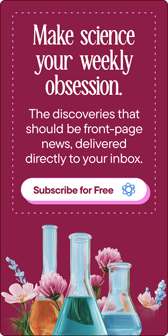 A promotional graphic encouraging science newsletter subscriptions, featuring text and three laboratory flasks with colorful liquids and flowers. | Wonderly