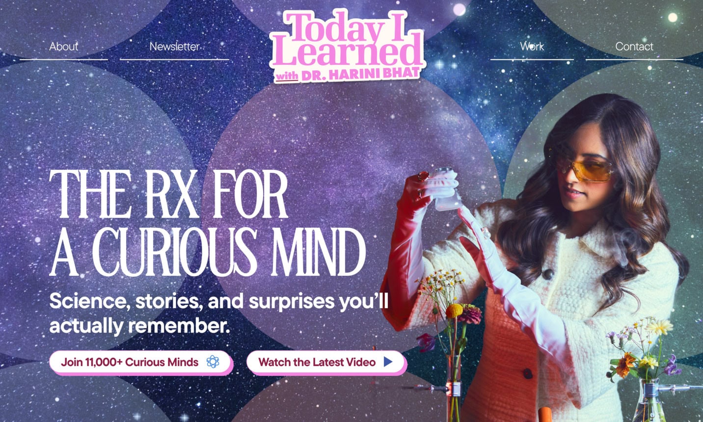 A woman in a lab coat and orange glasses holds lab glassware against a cosmic background with text promoting a science-themed newsletter and video series. | Wonderly